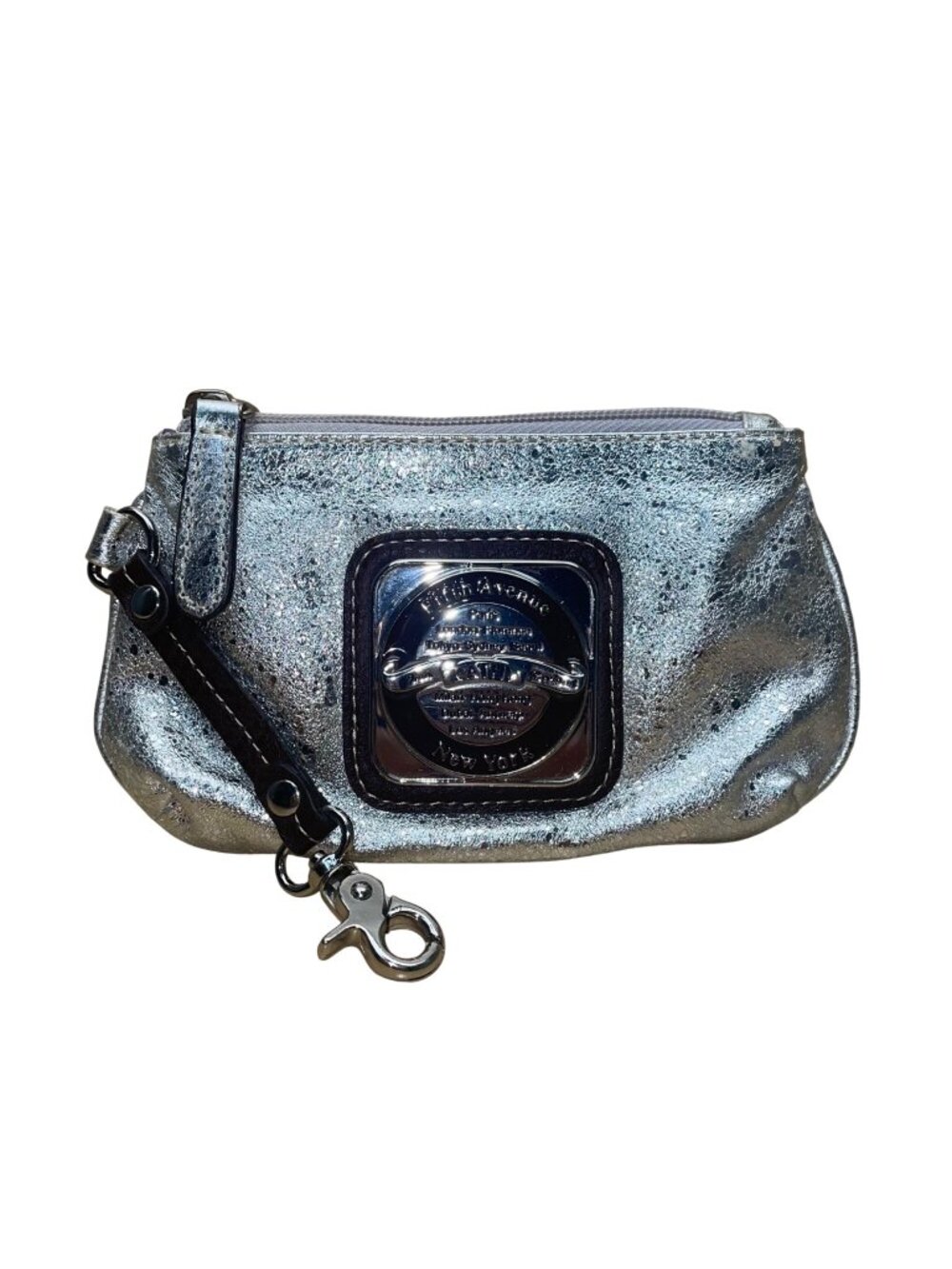 Kathy Van Zeeland Women’s Silver Metallic Logo Detail Small Wristlet Handbag